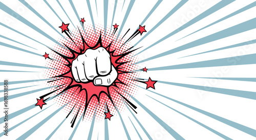 Powerful fist punch impact comic book style explosion bursting outward with radial lines and stars illustrating force and energy