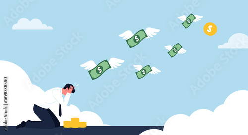 Man kneeling in despair as flying money escapes into the clouds symbolizing financial loss and economic downturn