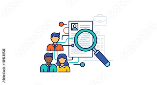 Recruitment Process Illustration with Candidates Resume and Magnifying Glass.