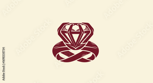 Elegant red diamond with intertwined wedding rings logo.