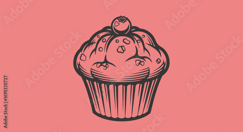 Vintage style hand drawn cupcake illustration with cherry on top.