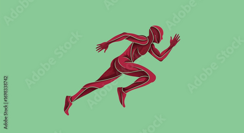 Dynamic red muscular figure sprinting with anatomical detail.