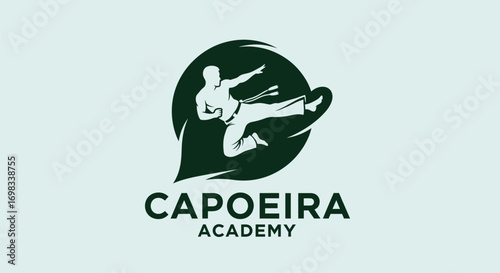 Capoeira academy logo with martial artist kicking silhouette.