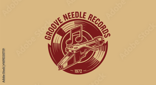 Vintage music logo with a vinyl record and turntable needle.