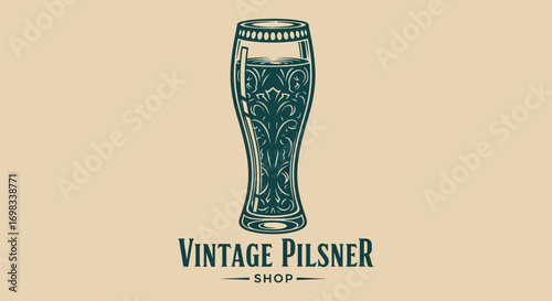 Vintage pilsner glass with intricate floral engravings illustration.