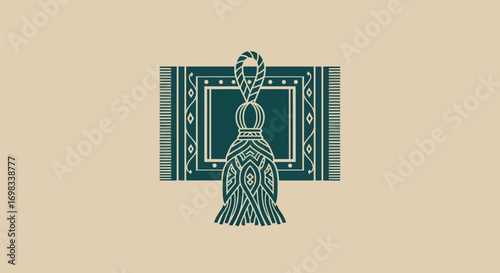 Stylized green Islamic prayer rug with an ornate tassel.