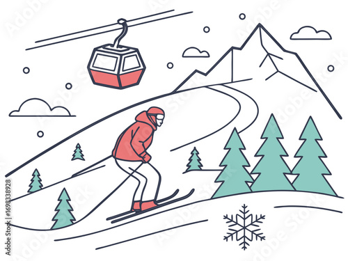A skier going downhill on snowy mountains, mountain peaks and ski resort elements, ski lift, pine trees, snowflakes, copy space, vector, svg