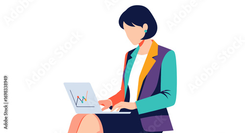 Stylish Businesswoman Working on Laptop Colorful Jacket.