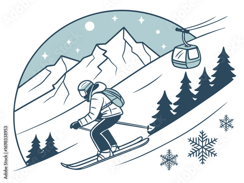 A skier going downhill on snowy mountains, mountain peaks and ski resort elements, ski lift, pine trees, snowflakes, copy space, vector, svg