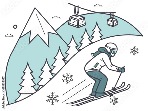 A skier going downhill on snowy mountains, mountain peaks and ski resort elements, ski lift, pine trees, snowflakes, copy space, vector, svg