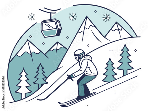 A skier going downhill on snowy mountains, mountain peaks and ski resort elements, ski lift, pine trees, snowflakes, copy space, vector, svg