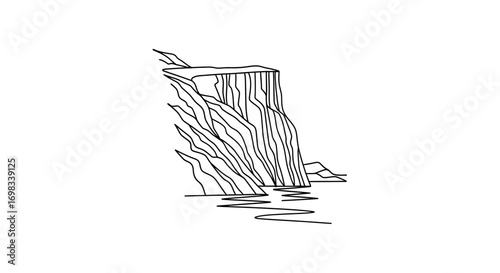 Simple line art illustration of a steep rocky cliff.
