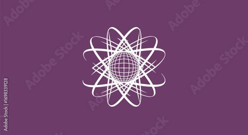 Abstract glowing atomic model with a central gridded globe.