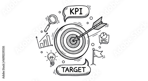 Hand-drawn business goal achievement illustration with target arrow KPI and strategy icons.
