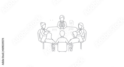 Line Art Illustration of People in a Meeting Around Table.