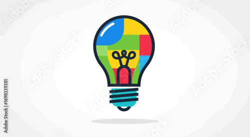 Colorful Light Bulb Icon with Geometric Shapes and Filament.