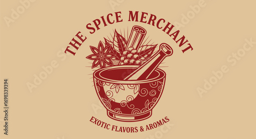 Vintage Spice Merchant logo with mortar pestle and herbs.