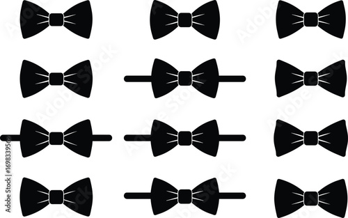 Collection of black bow tie silhouette icons, formal fashion accessory, vector clipart set, classic bowtie design, elegant graphic style