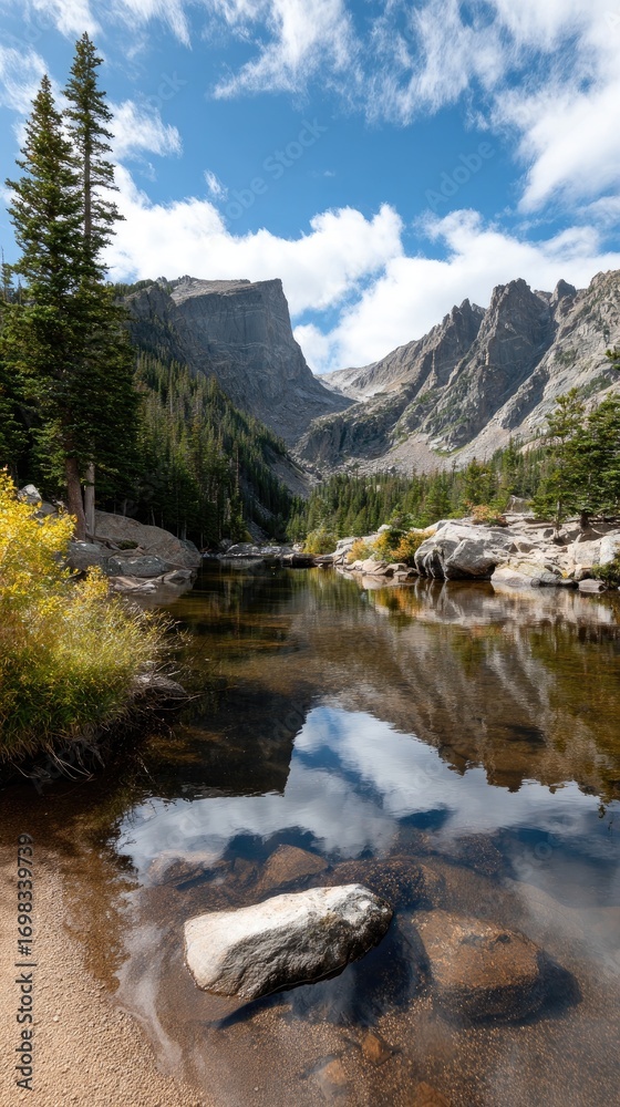 Fototapeta premium Clear blue skies contrast with towering mountains above Dream Lake, showcasing vibrant fall colors and serene forest landscapes