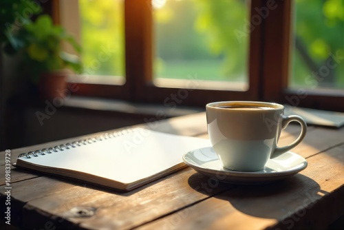 A fresh cup of coffee sits beside a blank notepad and pen on a rustic wooden table, ready for a new week's reflections Sunlight streams in through a nearby window , ideas, planning