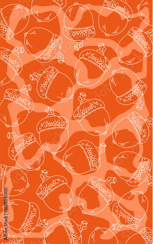 Line art of white acorns on an orange autumn background. Tree and seeds forest background 