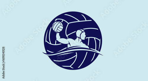 Stylized water polo player logo in action with ball.