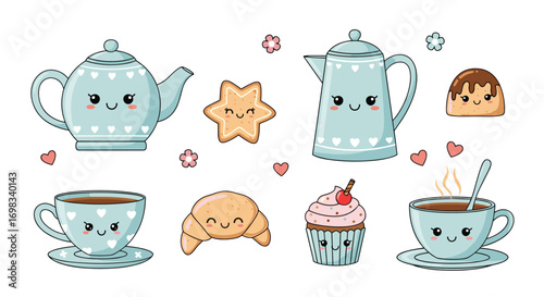 Cute kawaii breakfast collection with coffee cups teapot croissant and sweet pastries