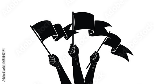 Black and white illustration of three arms raising flags in unity and solidarity