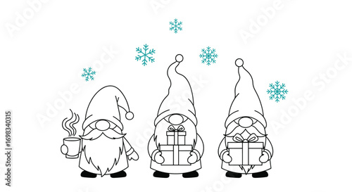 Three adorable gnomes wearing tall hats holding gifts and hot drinks under falling snowflakes