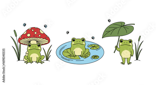 Adorable frogs enjoying a peaceful day by the pond with mushroom and lily pad