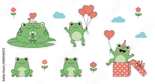 Cute cartoon frogs celebrating a birthday with balloons flowers and hearts animal friends