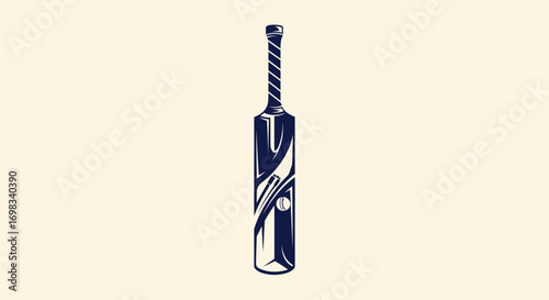 Stylized blue and white cricket bat illustration.