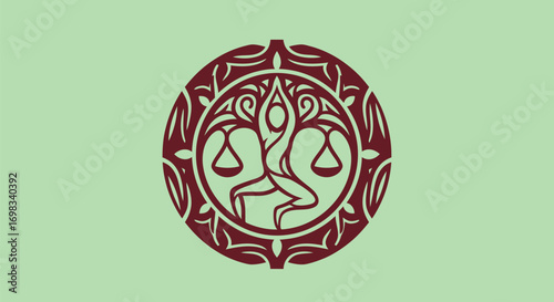 Ornate circular emblem of a tree figure in a yoga pose holding scales of justice.