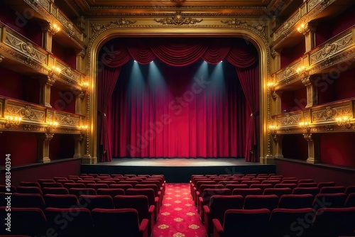 A grand, ornate theater interior, stage lights illuminating empty velvet seats Ready for the next dramatic performance A classic scene of theatrical elegance , theater, culture