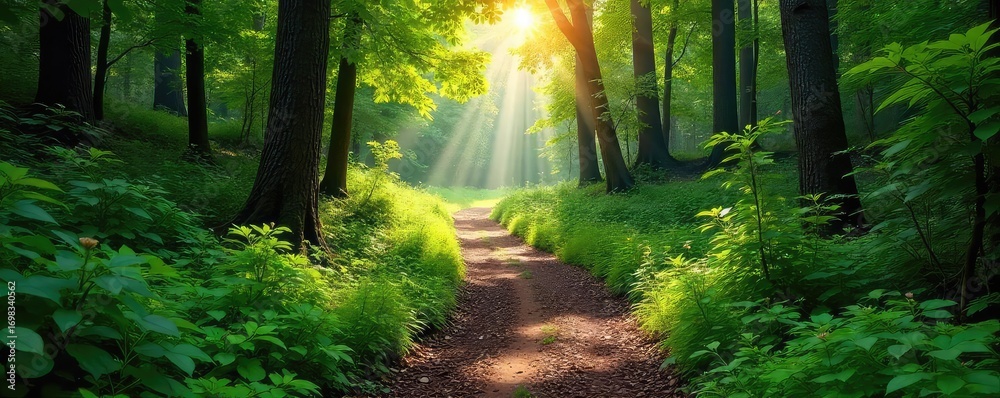 Obraz premium A scenic hiking trail winds through a lush forest, sunlight dappling through the leaves onto the path ahead Perfect for adventure, nature, and travel themed projects , trail, tranquil, forest