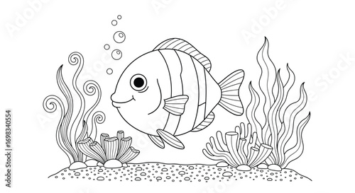 Whimsical underwater scene with a cute cartoon fish swimming among seaweed and bubbles