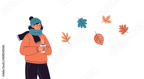Cozy person enjoying warm beverage during autumn season with falling leaves and crisp weather outdoors