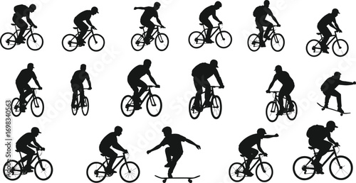 Silhouettes of cyclists and skateboarder in motion, riding bicycles, performing tricks, sports activity, fitness, urban lifestyle, outdoor exercise.
