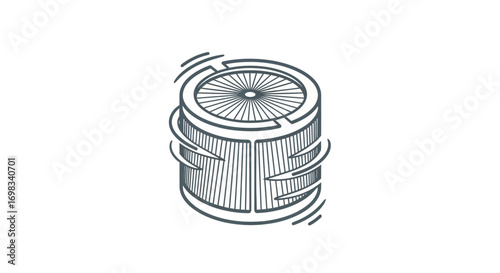Cylindrical Filter Element with Radial Pleats and Flow Arrows.