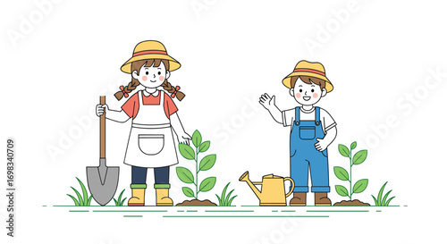Children enthusiastically engaging in gardening activities planting young saplings and learning about nature's growth