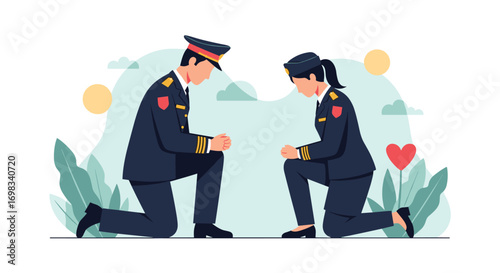 Two law enforcement officers kneeling in prayer showing respect for fallen comrades and national heroes remembrance
