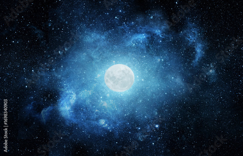Fototapeta Naklejka Na Ścianę i Meble -  Full moon against the background of the starry sky Lunar background in blue color. Moon and stars view from space. Elements of this image furnished by NASA.