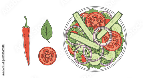 Fresh healthy garden salad with red chili pepper tomato slice and green leaf ingredients for cooking