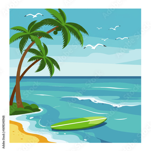 A tropical beach scene with palm trees, a surfboard floating in the ocean, seagulls flying in the sky, and gentle waves lapping the shore.