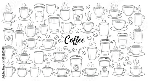 Relax with steaming cups of coffee from around the world, a modern line art illustration with beans