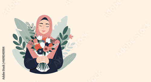 Beautiful woman wearing a hijab holding a lovely bouquet of flowers surrounded by greenery