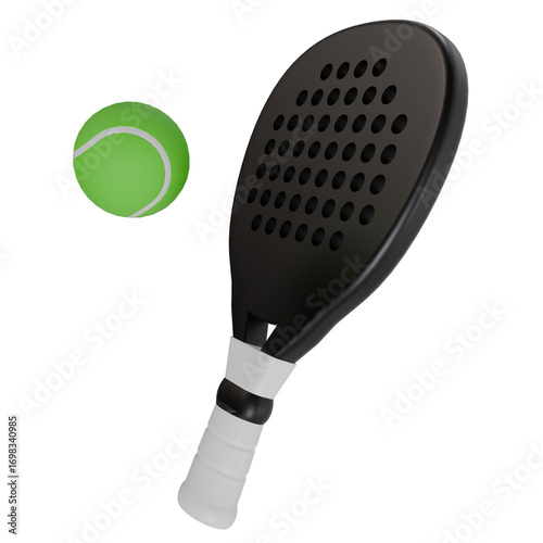 3D render illustration of a black padel racket with perforated design and a green tennis ball, perfect for sports, competition, and recreational activity concepts.