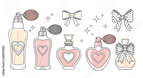Charming collection of elegant perfume bottles featuring heart motifs and decorative bows for a touch of feminine grace