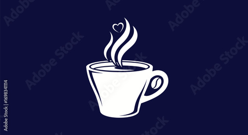 White coffee cup icon with love heart steam symbol.