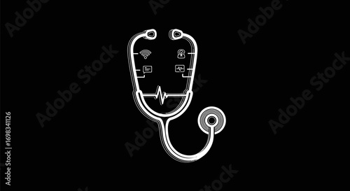 Futuristic Medical Stethoscope with Digital Health Icons.